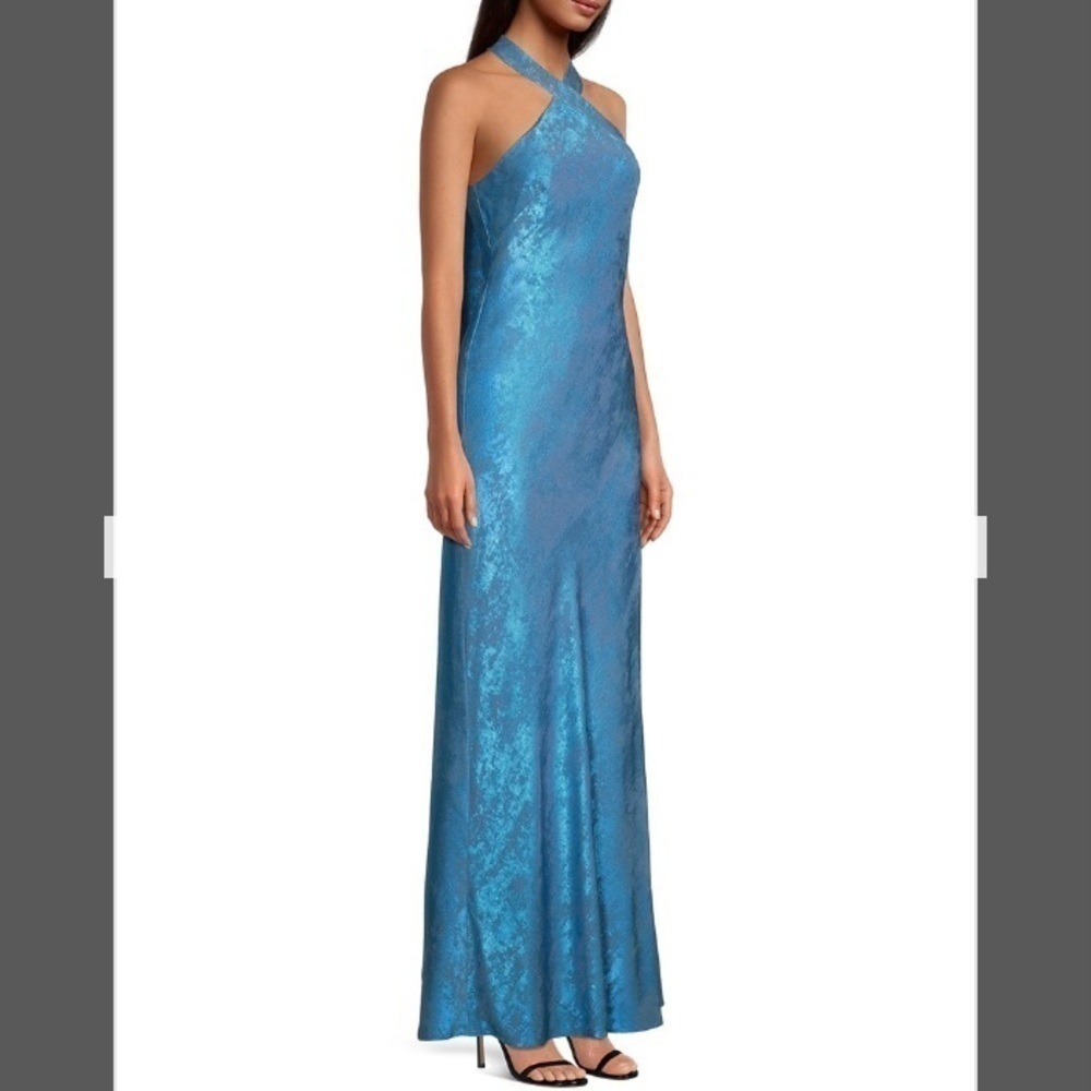 Aidan by Aidan Mattox Halter Sleeveless Foiled Mermaid Gown in Ocean Dream - Picture 2 of 11